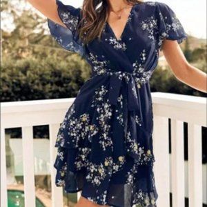 Cupshe Vneck short Sleeve Boho Floral Mini Ruffle Chiffon Dress Tie Waist Size M